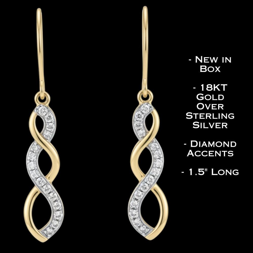 18K Gold Over Sterling Silver Dangle Infinity Earrings Diamond Accent New In Box